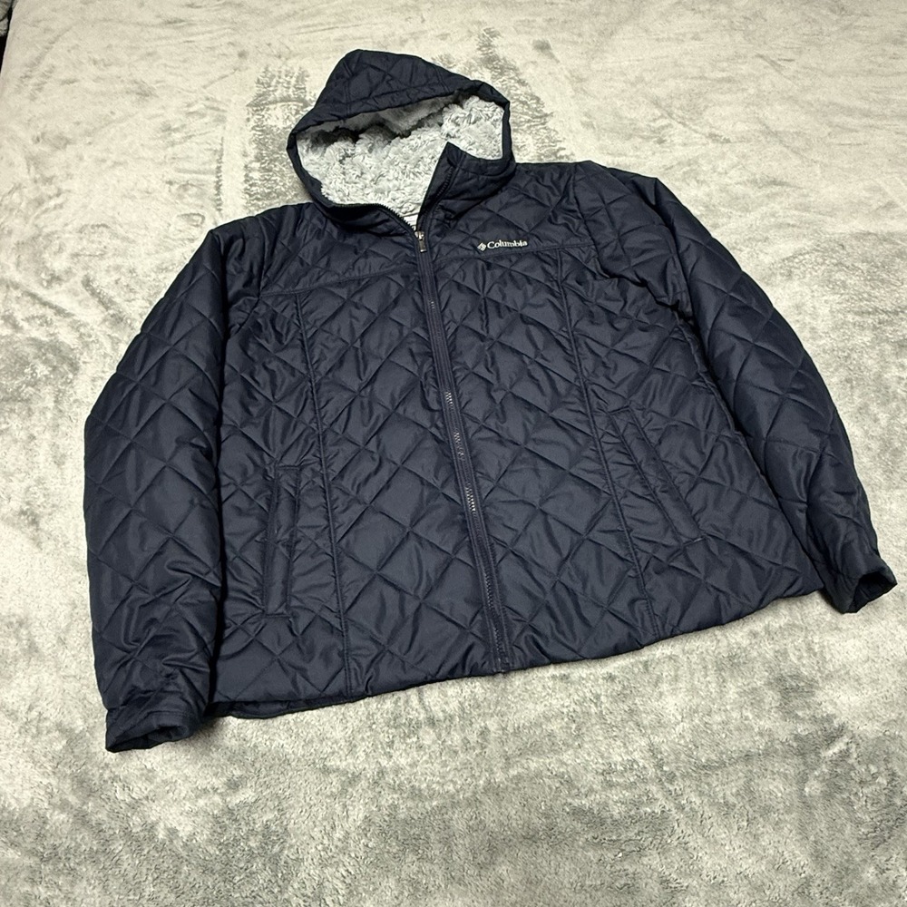 Columbia Women's XL  Copper Crest Coat Soft Faux Fur Lined Hooded Quilted Navy